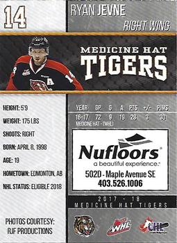2017-18 Medicine Hat Tigers (WHL) #16 Ryan Jevne Back