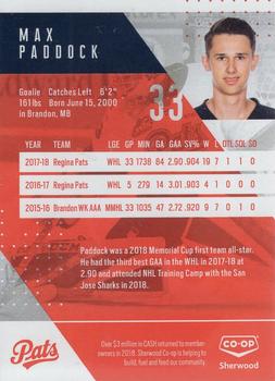 2018-19 Co-op Regina Pats (WHL) #NNO Max Paddock Back