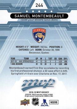 2018-19 Upper Deck MVP - Factory Set Blue #244 Samuel Montembeault Back