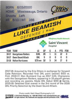 2017-18 Choice Erie Otters (OHL) #1 Luke Beamish Back