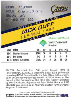 2017-18 Choice Erie Otters (OHL) #2 Jack Duff Back