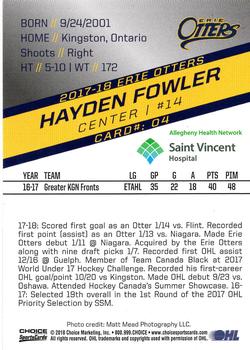 2017-18 Choice Erie Otters (OHL) #4 Hayden Fowler Back