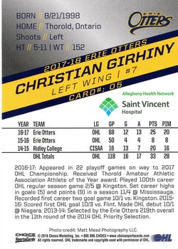 2017-18 Choice Erie Otters (OHL) #5 Christian Girhiny Back