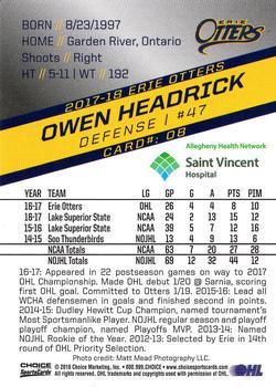 2017-18 Choice Erie Otters (OHL) #8 Owen Headrick Back