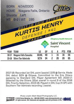 2017-18 Choice Erie Otters (OHL) #9 Kurtis Henry Back