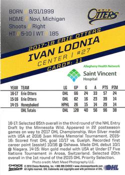 2017-18 Choice Erie Otters (OHL) #11 Ivan Lodnia Back