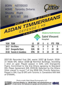 2017-18 Choice Erie Otters (OHL) #20 Aidan Timmermans Back
