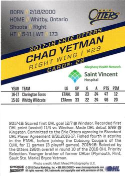 2017-18 Choice Erie Otters (OHL) #22 Chad Yetman Back