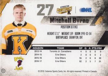 2017-18 Extreme Kingston Frontenacs OHL #17 Mitchell Byrne Back
