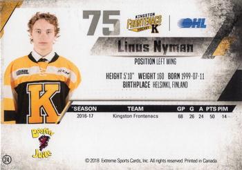 2017-18 Extreme Kingston Frontenacs OHL #24 Linus Nyman Back