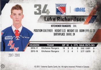 2017-18 Extreme Kitchener Rangers (OHL) #17 Luke Richardson Back