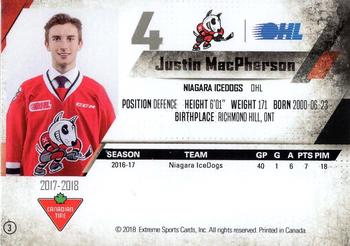2017-18 Extreme Niagara IceDogs (OHL) #3 Justin MacPherson Back