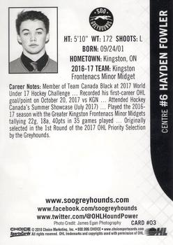 2017-18 Choice Sault Ste. Marie Greyhounds (OHL) #3 Hayden Fowler Back