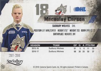 2017-18 Extreme Sudbury Wolves (OHL) #10 Macauley Carson Back
