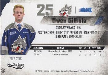 2017-18 Extreme Sudbury Wolves (OHL) #14 Owen Gilhula Back