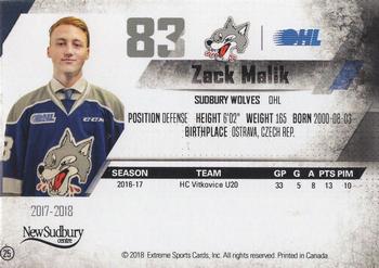 2017-18 Extreme Sudbury Wolves (OHL) #25 Zack Malik Back