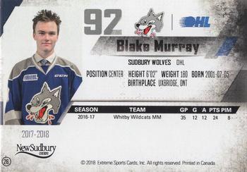 2017-18 Extreme Sudbury Wolves (OHL) #26 Blake Murray Back