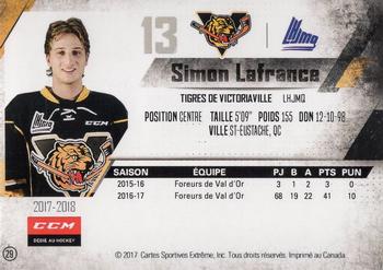 2017-18 Extreme Victoriaville Tigres (QMJHL) #29 Simon Lafrance Back