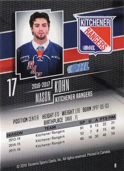 2016-17 Extreme Kitchener Rangers OHL #8 Mason Kohn Back