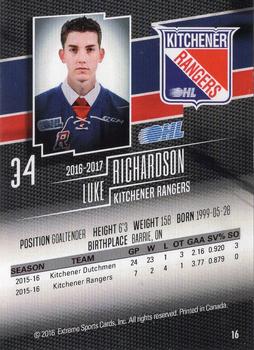 2016-17 Extreme Kitchener Rangers OHL #16 Luke Richardson Back