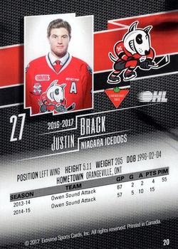 2016-17 Extreme Canadian Tire Niagara IceDogs (OHL) #20 Justin Brack Back