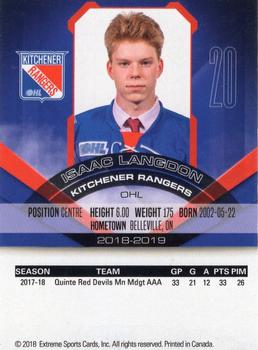 2018-19 Extreme Kitchener Rangers (OHL) #11 Isaac Langdon Back