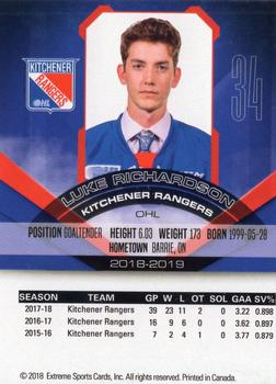 2018-19 Extreme Kitchener Rangers (OHL) #14 Luke Richardson Back
