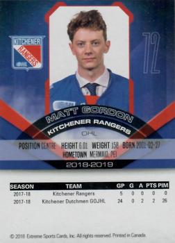 2018-19 Extreme Kitchener Rangers (OHL) #19 Matt Gordon Back