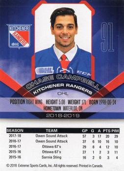 2018-19 Extreme Kitchener Rangers (OHL) #22 Chase Campbell Back