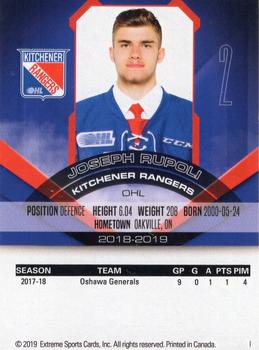 2018-19 Extreme Kitchener Rangers (OHL) #25 Joseph Rupoli Back