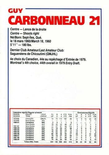 1989-90 Le Journal / Kraft Montreal Canadiens #NNO Guy Carbonneau Back