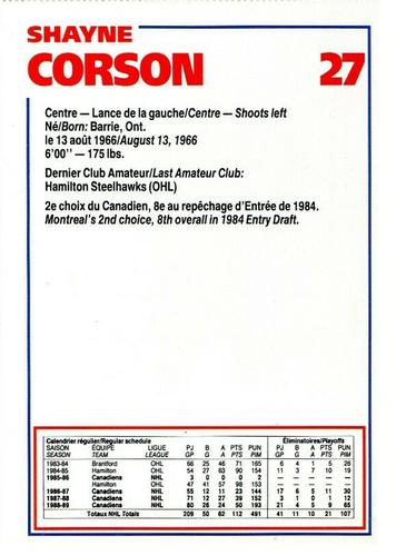 1989-90 Le Journal / Kraft Montreal Canadiens #NNO Shayne Corson Back