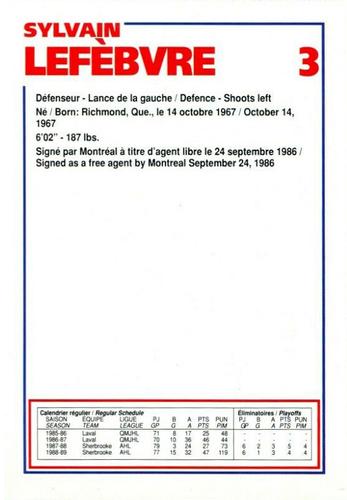 1989-90 Le Journal / Kraft Montreal Canadiens #NNO Sylvain Lefebvre Back