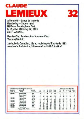 1989-90 Le Journal / Kraft Montreal Canadiens #NNO Claude Lemieux Back