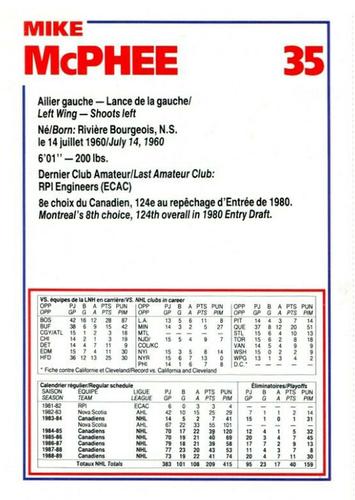 1989-90 Le Journal / Kraft Montreal Canadiens #NNO Mike McPhee Back