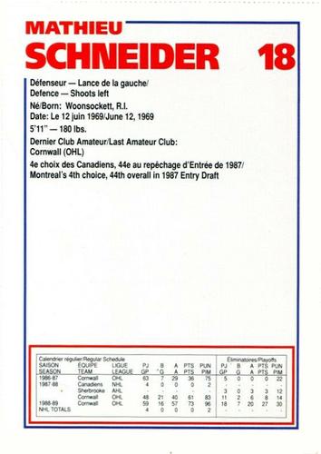 1989-90 Le Journal / Kraft Montreal Canadiens #NNO Mathieu Schneider Back