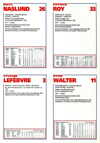1989-90 Le Journal / Kraft Montreal Canadiens - Sheets #NNO Patrick Roy / Mats Naslund / Sylvain Lefebvre / Ryan Walter Back
