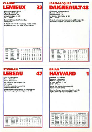 1989-90 Le Journal / Kraft Montreal Canadiens - Sheets #NNO J.J. Daigneault / Claude Lemieux / Stephan Lebeau / Brian Hayward Back
