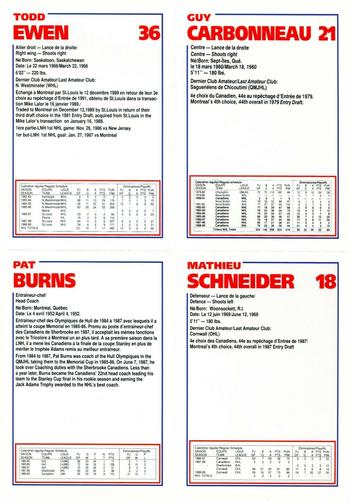 1989-90 Le Journal / Kraft Montreal Canadiens - Sheets #NNO Guy Carbonneau / Todd Ewen / Pat Burns / Mathieu Schneider Back