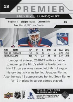 2018-19 Upper Deck Premier #18 Henrik Lundqvist Back