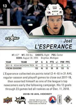 2018-19 Upper Deck AHL #13 Joel L'Esperance Back