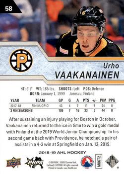 2018-19 Upper Deck AHL #58 Urho Vaakanainen Back