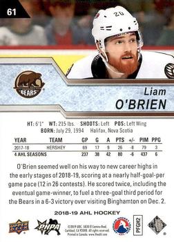 2018-19 Upper Deck AHL #61 Liam O'Brien Back