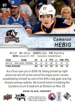 2018-19 Upper Deck AHL #97 Cameron Hebig Back