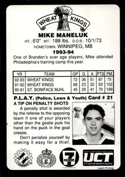 1993-94 Brandon Wheat Kings (WHL) Police #21 Mike Maneluk Back