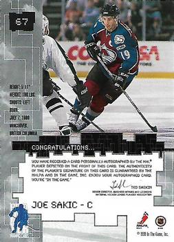 2015-16 In The Game Final Vault - 1999-00 Be a Player Millennium Autographs (Black Vault Stamp) #67 Joe Sakic Back
