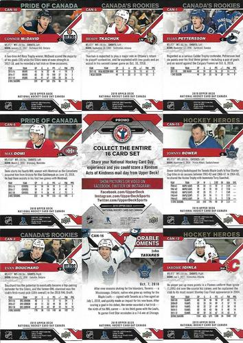 2019 Upper Deck National Hockey Card Day Canada - Sheets #NNO Elias Pettersson / Brady Tkachuk / Connor McDavid / Johnny Bower / Checklist / Max Domi / Jarome Iginla / John Tavares / Evan Bouchard Back