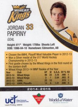 2014-15 Westside Brandon Wheat Kings (WHL) #NNO Jordan Papirny Back