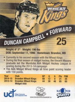 2015-16 Westside Brandon Wheat Kings (WHL) #18 Duncan Campbell Back