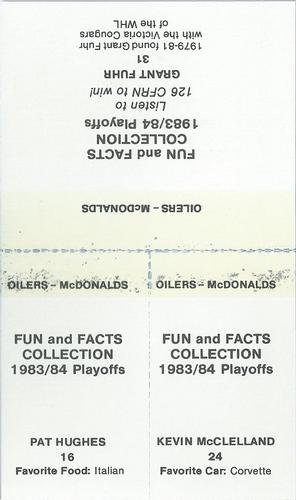 1983-84 McDonald's Edmonton Oilers Stickers - Panels #NNO Kevin McClelland / Pat Hughes / Grant Fuhr Back